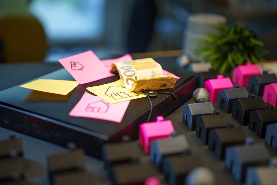 Close-up of a beige cardboard box with red printed handling icons and text, surrounded by office supplies on a light wooden surface. Visible items include a calculator, a roll of black tape, a set of 